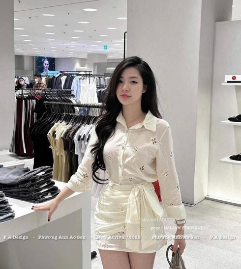 Cotton Hollow Out Embroidered Shirts With Mini Skirts